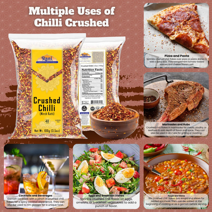Rani Crushed Red Pepper Flakes Chilli (Pizza Type Cut) 3.5oz (100g) ~ All Natural, No Color added, Gluten Friendly | Vegan | NON-GMO | Kosher | No Salt or fillers