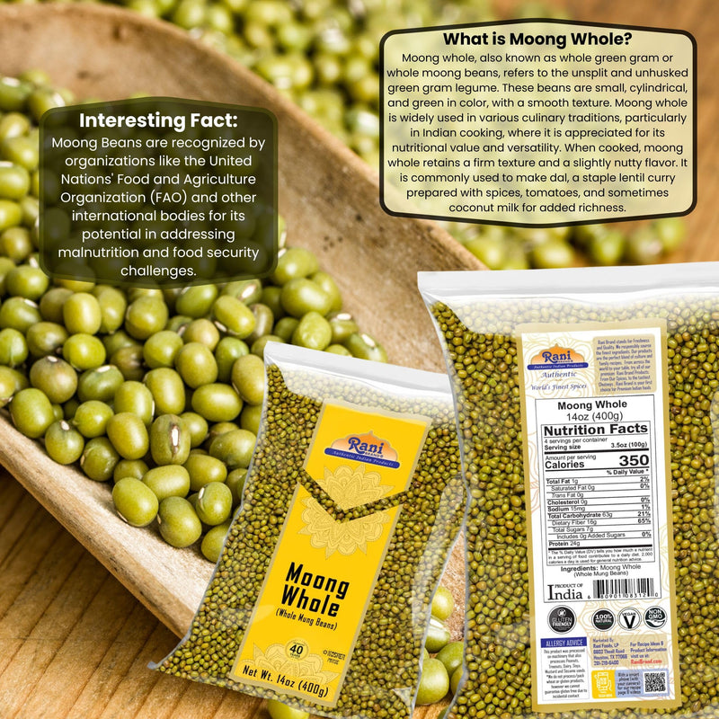 Rani Moong Whole (Ideal for cooking & sprouting, Whole Mung Beans with skin) Lentils Indian 14oz (400g) ~ All Natural | Gluten Friendly | Non-GMO | Kosher | Vegan | Indian Origin