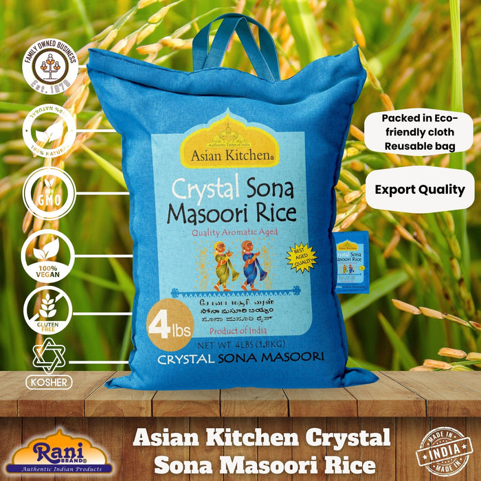 Asian Kitchen Crystal Sona Masoori Aged Rice 4lbs (1.81kg) Short Grain Rice ~ All Natural | Gluten Friendly | Vegan | Indian Origin | Export Quality