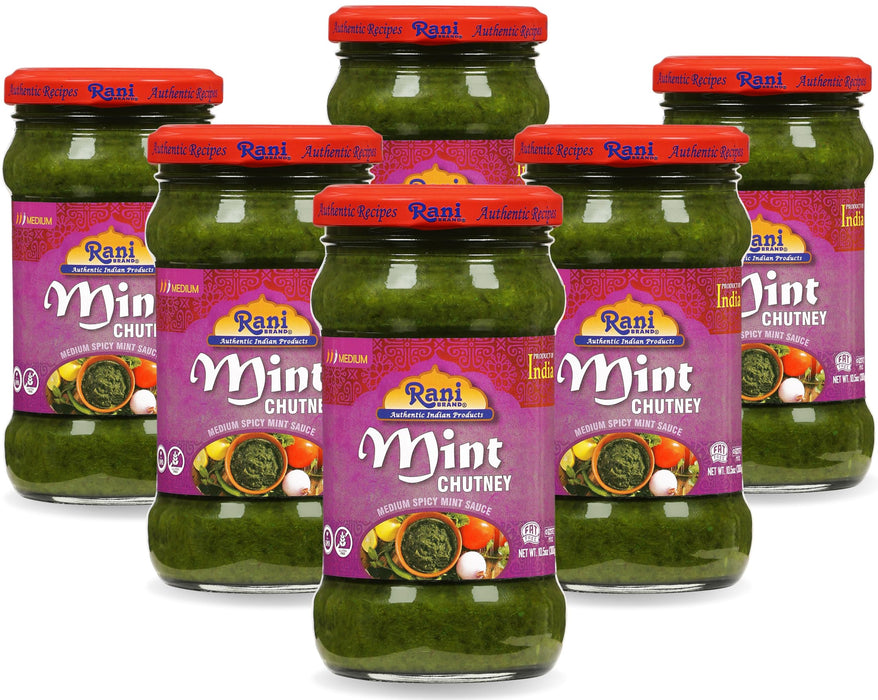 Rani Mint Chutney (Podina) 10.5oz (300g) Glass Jar, Ready to Eat, Pack of 5+1 FREE ~ Vegan | Gluten Free | NON-GMO | Kosher | No Colors | Indian Origin