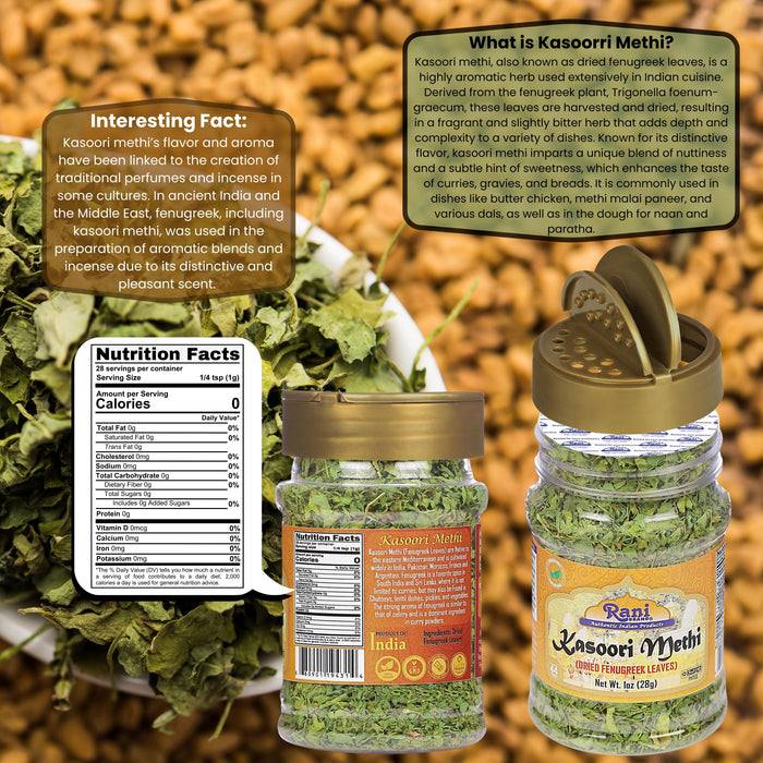 Rani Fenugreek Leaves Dried (Kasoori Methi) 1oz (28g) PET Jar ~ All Natural | Vegan | Gluten Friendly | NON-GMO | Kosher | Indian Origin