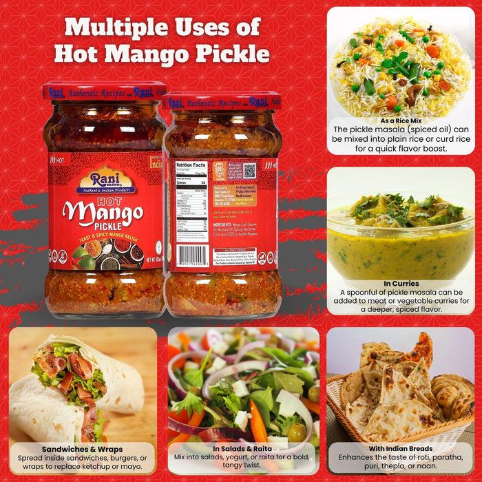 Rani Mango Pickle Hot (Achar, Spicy Indian Relish) 10.5oz ~ Glass Jar, All Natural | Vegan | Gluten Free | NON-GMO | No Colors | Indian Origin