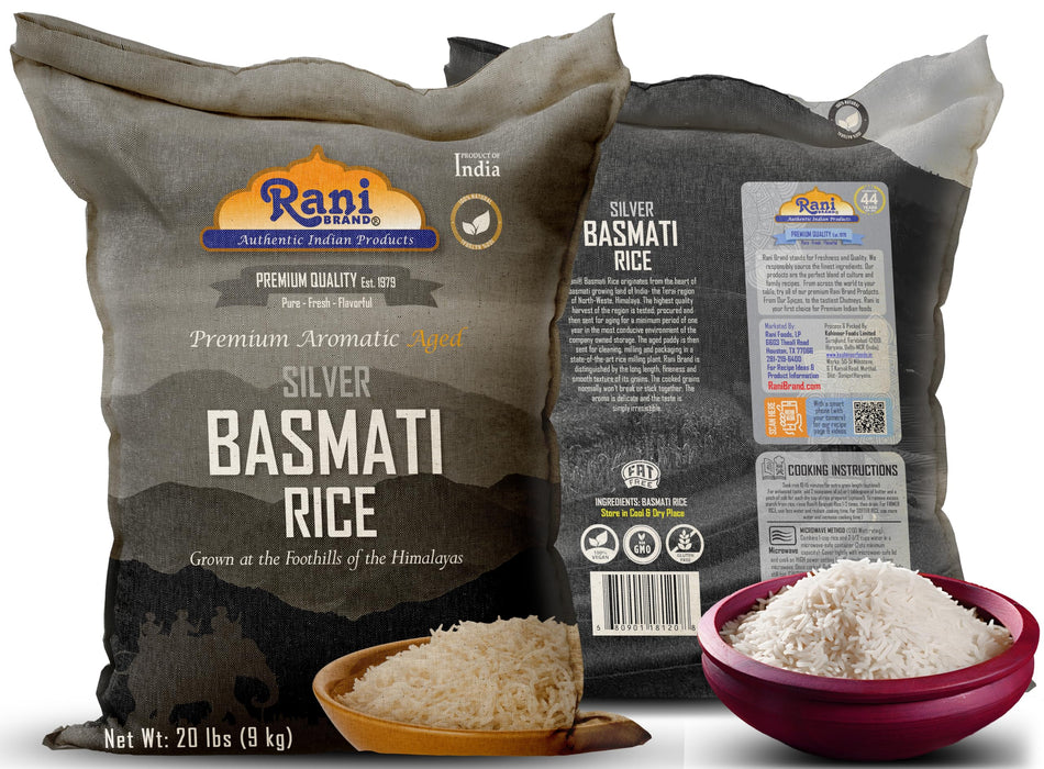 Rani Silver White Basmati Rice Extra Long Aged 20-Pound Bag, 320oz (20lbs) 9.08kg ~ All Natural | Gluten Friendly | Vegan | Indian Origin | Kosher | Export Quality