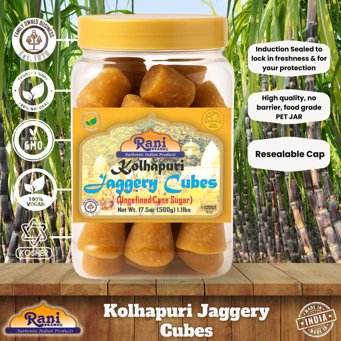 Rani Kolhapuri Jaggery Cubes (Unrefined Cane Sugar) 17.5oz (1.1lbs) 500g PET Jar ~ All Natural, No Color added, Gluten Friendly | Vegan | NON-GMO | Kosher | No Salt or fillers