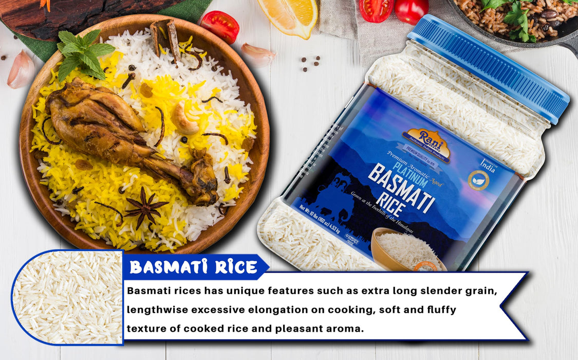 Rani Platinum White Basmati Rice Extra Long Aged 160oz (10lbs) 4.53kg PET Jar ~ All Natural | Gluten Friendly | Vegan | Indian Origin | Kosher | Export Quality