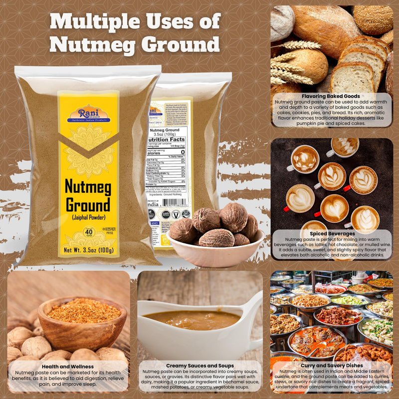 Rani Nutmeg (Jaiphul) Ground Powder Spice 3.5oz (100g) ~ Perfect for Baking, Cooking, Smothies, Lattes & Dessert, All Natural | Vegan | Gluten Friendly | NON-GMO | Kosher | Indian Origin