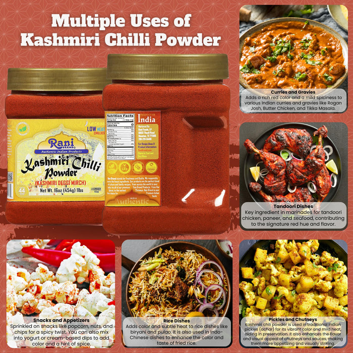 Rani Kashmiri Chilli Powder (Deggi Mirch) 16oz (1lb) 454g PET Jar ~ Natural | Salt-Free | Vegan | Gluten Friendly | NON-GMO | Kosher | Perfect for Deviled Eggs & Other Low Heat Dishes