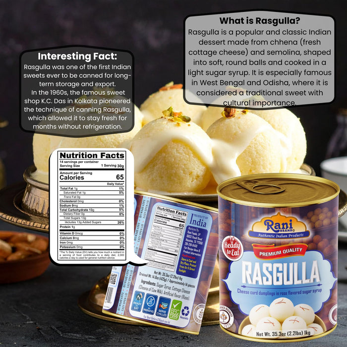 Rani Rasgulla (Cheese Curd Dumplings in Rose Flavor) 35.3oz (2.2lbs) 1kg Pack of 18, Approximately 14 pieces, Easy Open Lid ~ Ready to eat | Gluten Free | Non-GMO | Kosher | Indian Origin