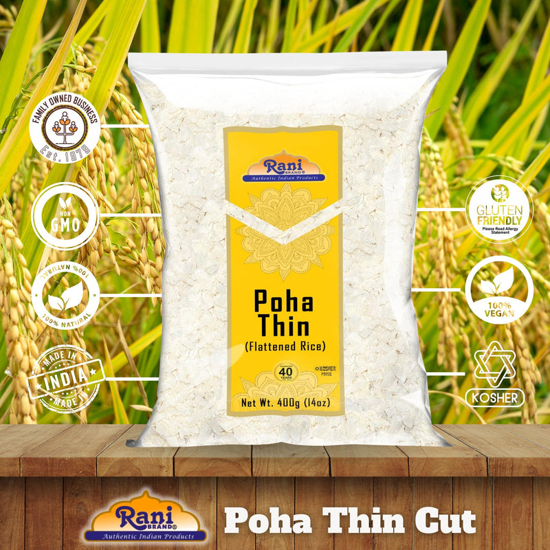 Rani Poha (Powa) Thin Cut (Flattened Rice) 14oz (400g) ~ All Natural, Salt-Free | Vegan | No Colors | Gluten Friendly | Indian Origin