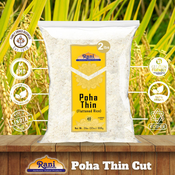 Rani Poha (Powa) Thin Cut (Flattened Rice) 32oz (2lbs) 908g Bulk ~ All Natural, Salt-Free | Vegan | Kosher | No Colors | Gluten Friendly | Indian Origin