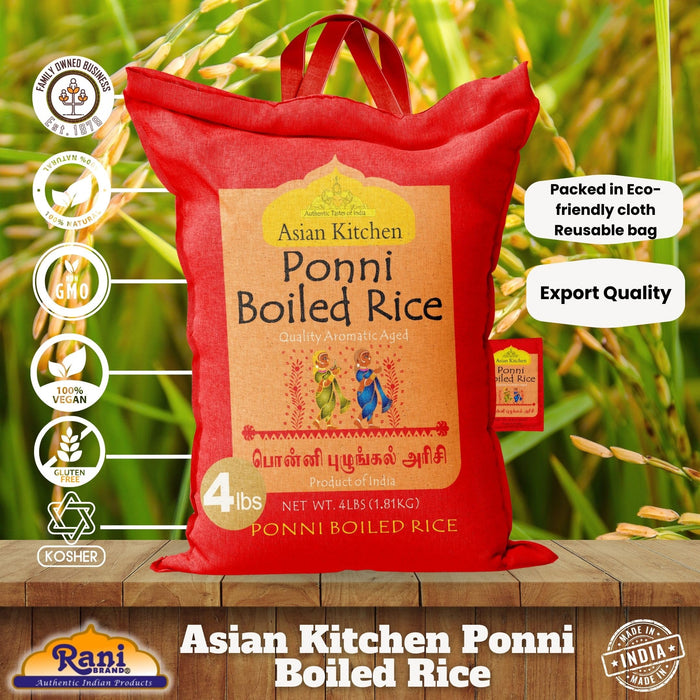 Asian Kitchen Ponni Boiled Rice 4-Pound Bag, 4lbs (1.81kg) Short Grain Par Boiled Rice ~ All Natural | Gluten Friendly | Vegan