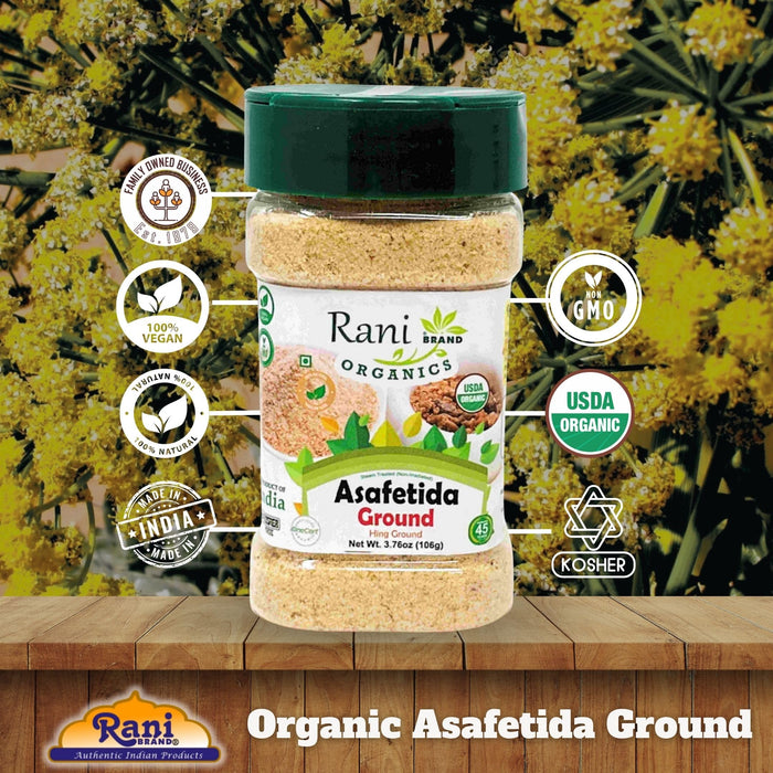 Rani Organic Asafetida (Hing) Ground 3.75oz (106g) PET Jar ~ All Natural | Salt Free | Vegan | Non-GMO | Kosher | Asafoetida Indian Spice | Best for Onion Garlic Substitute | USDA Certified Organic