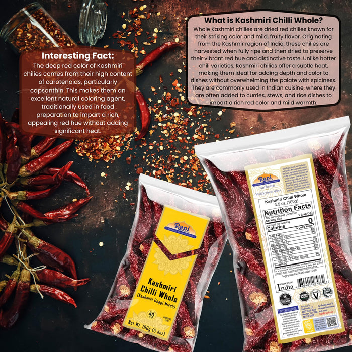 Rani Kashmiri Chilli Whole (Deggi Mirch, Low Heat) 3.5oz (100g) ~ Natural | Salt-Free | Vegan | No Colors | Gluten Friendly | NON-GMO | Kosher | Indian Origin