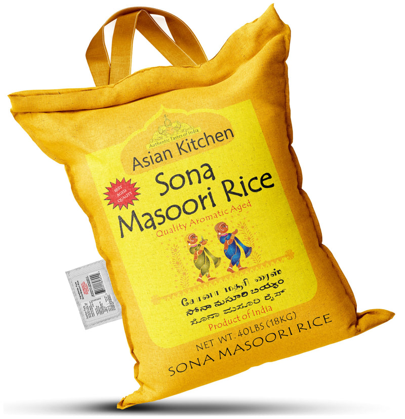 Asian Kitchen White Sona Masoori Aged Rice 40-Pound Bag, 40lbs (18.14kg) Short Grain Rice ~ All Natural | Gluten Friendly | Vegan | Indian Origin | Export Quality