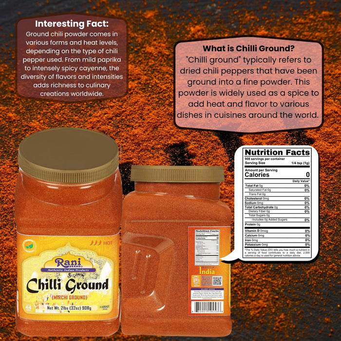 Rani Chilli Powder (Mirchi) Ground Indian Spice 32oz (2lbs) 908g Bulk PET Jar ~ All Natural | Salt-Free | Vegan | No Colors | Gluten Friendly | NON-GMO | Kosher | Indian Origin