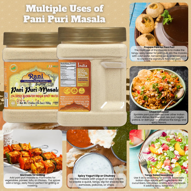 Rani Pani Puri Masala (14-Spice Blend for Indian Spicy Water) 24.5oz (1.54lbs) 700g PET Jar ~ All Natural | Vegan | No Colors | Gluten Friendly | NON-GMO | Kosher | Indian Origin, gol gappa