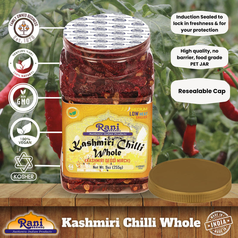 Rani Kashmiri Chilli Whole Stemless (Deggi Mirch, Low Heat) 9oz (255g) PET Jar ~ Natural | Salt-Free | Vegan | No Colors | Gluten Friendly | NON-GMO | Kosher | Indian Origin