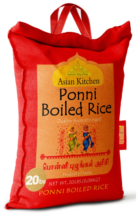 Asian Kitchen Ponni Boiled Rice 20-Pound Bag, 20lbs (9.08kg) Short Grain Par Boiled Rice ~ Natural | Gluten Friendly | Vegan