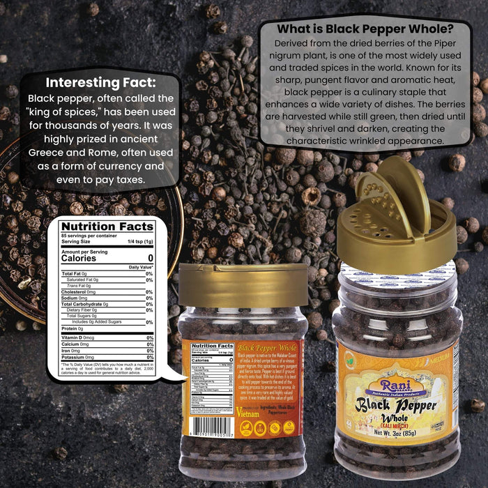 Rani Black Pepper Whole (Peppercorns), Premium MG-1 Grade 3oz (85g) PET Jar ~ All Natural | Gluten Friendly | Non-GMO | Kosher | Perfect size for Grinders!