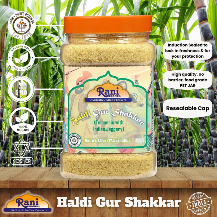 Rani Haldi Gur Shakkar (Turmeric with Indian Jaggery) Indian Unrefined Raw Cane Sugar 17.5oz (1.1lbs) 500g PET Jar ~ Gluten Friendly | Vegan | NON-GMO | Kosher | No Salt or fillers | Indian Product