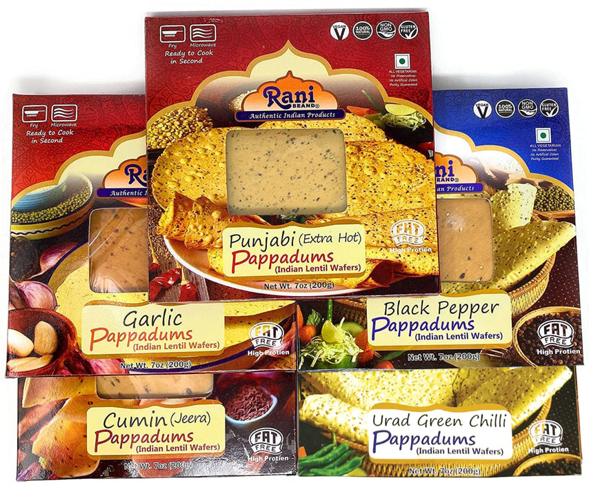 Rani Pappadums (Indian Lentil Wafer Snack) 5-Variety Papad Pack (Green Chilli, Garlic, Cumin, Extra Hot, Black Pepper) 7oz (200g) Approximately 15pc, 7 inches ~ All Natural | Gluten Friendly | NON-GMO