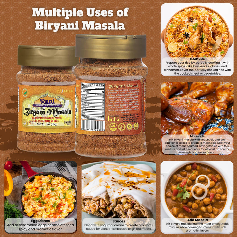 Rani Biryani Masala Curry (7-Spice Blend for Indian Rice Dishes, Pullao/Pilau) 3oz (85g) PET Jar ~ All Natural | Vegan | No Colors | Gluten Friendly | NON-GMO | Kosher | Indian Origin