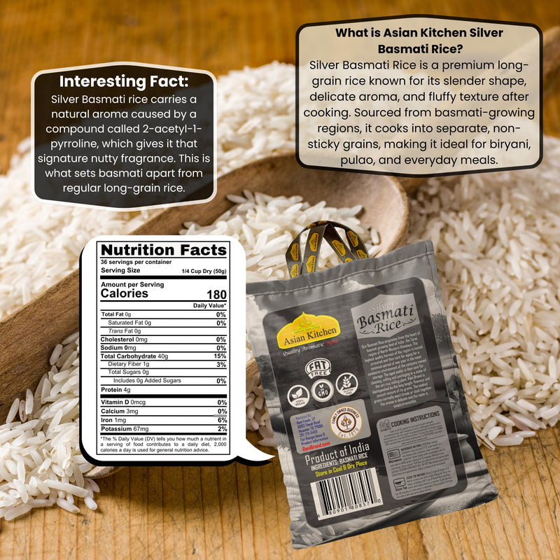 Asian Kitchen Silver White Basmati Rice Aged, 4 Pound (4lbs, 1.81kg) ~ All Natural | Gluten Friendly | Vegan | Indian Origin | Export Quality