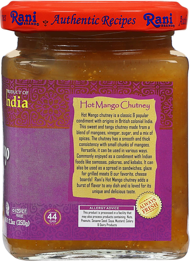 Rani Hot Mango Chutney (Spicy Indian Preserve) 12.3oz (350g) Glass Jar, Pack of 2, Ready to eat, Vegan ~ Gluten Free, All Natural, NON-GMO, Kosher