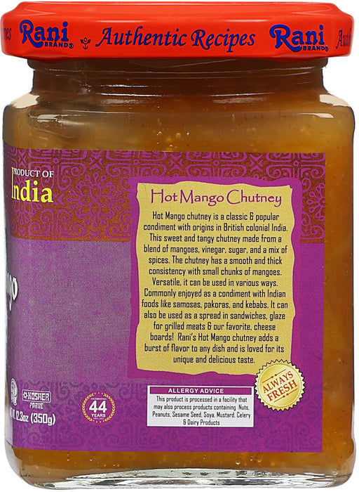 Rani Hot Mango Chutney (Spicy Indian Preserve) 12.3oz (350g) Glass Jar, Pack of 2, Ready to eat, Vegan ~ Gluten Free, All Natural, NON-GMO, Kosher