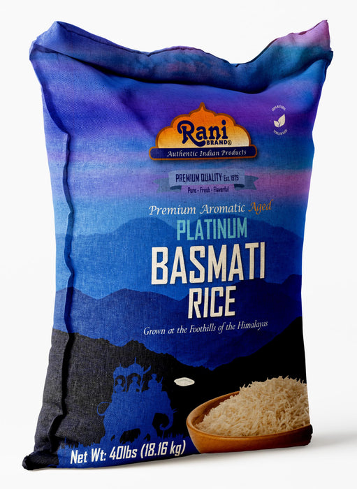 Rani Platinum White Basmati Rice Extra Long Aged 40-Pound Bag, 640oz (40lbs) 18.16kg ~ All Natural | Gluten Friendly | Vegan | Indian Origin | Kosher | Export Quality