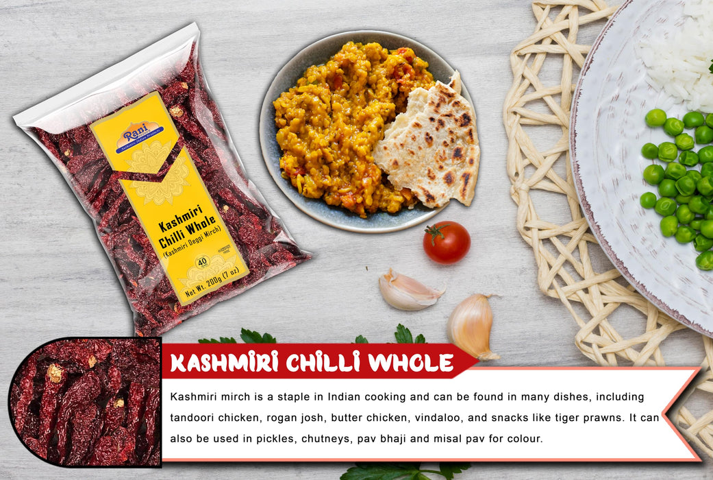 Rani Kashmiri Chilli Whole (Deggi Mirch, Low Heat) 7oz (200g) ~ Natural | Salt-Free | Vegan | No Colors | Gluten Friendly | NON-GMO | Kosher | Indian Origin