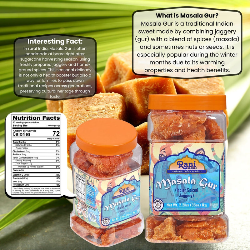 Rani Masala Gur (Jaggery) Indian Unrefined Raw Cane Sugar 35oz (2.2lbs) 1kg PET Jar ~ Gluten Friendly | Vegan | NON-GMO | Kosher | Indian Product