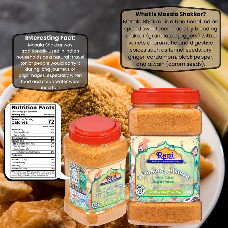 Rani Masala Shakkar (Indian Spiced Jaggery Powder) Unrefined Raw Cane Sugar 70oz (4.4lbs) 2kg PET Jar ~ Gluten Friendly | Vegan | NON-GMO | Kosher | No Salt or fillers | Indian Product