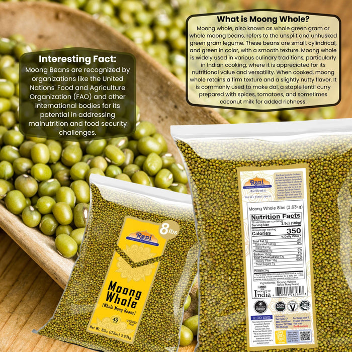 Rani Moong Whole (Ideal for cooking & sprouting, Whole Mung Beans with skin) Lentils Indian 128oz (8lbs) 3.63kg Bulk ~ All Natural | Gluten Friendly | Non-GMO | Kosher | Vegan | Indian Origin