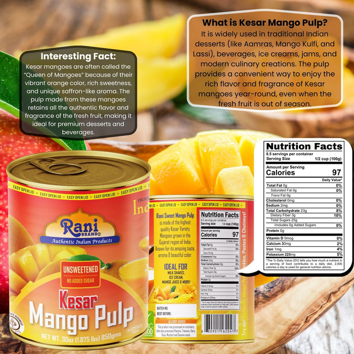 Rani Mango Pulp Puree (Makes Mango Lassi Shakes) Kesar Unsweetened 30oz (1.875lbs) 850g Pack of 6 ~ Kosher | All Natural | NON-GMO | Vegan | No colors | Gluten Friendly | Indian Origin