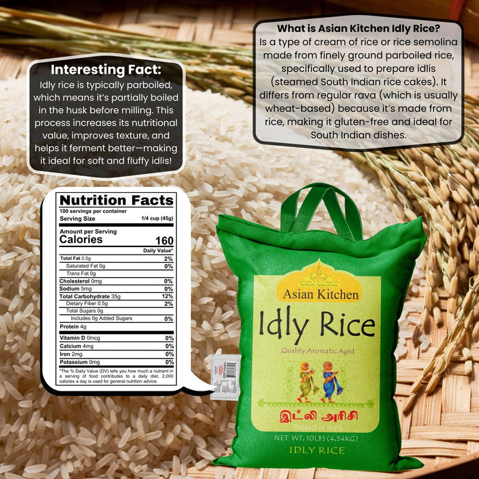 Asian Kitchen Idly (Idli) Rice 10-Pound Bag, 10lbs (4.54kg) Short Grain Rice ~ All Natural | Gluten Friendly | Vegan | Indian Origin | Export Quality