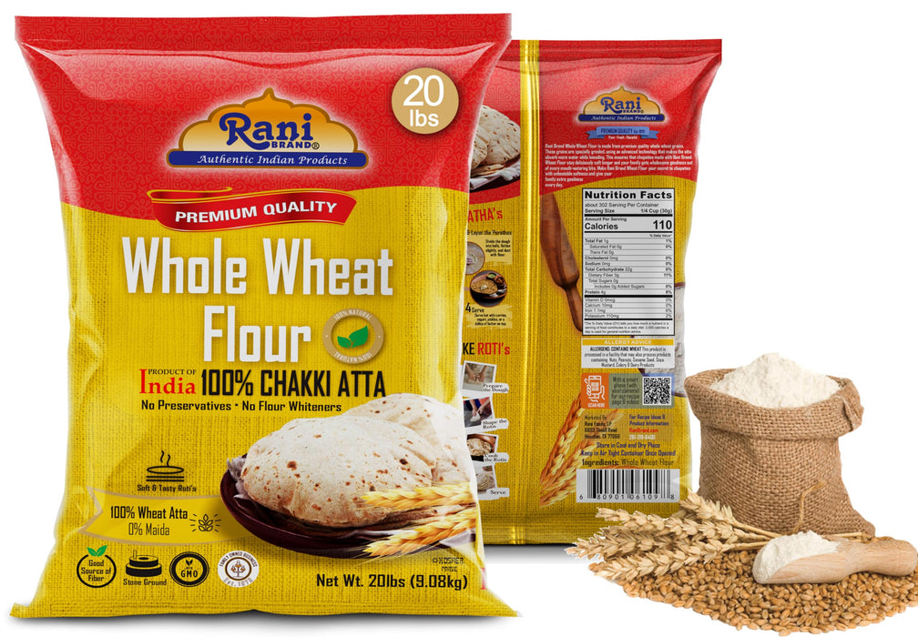 Rani Chapati Flour (100% Pure Whole Wheat Chakki Atta), For Making Roti & Indian Breads 320oz (20lbs) 9.08kg Bulk ~ Stone Ground, All Natural | Vegan | No Salt or Colors | NON-GMO | Indian Origin