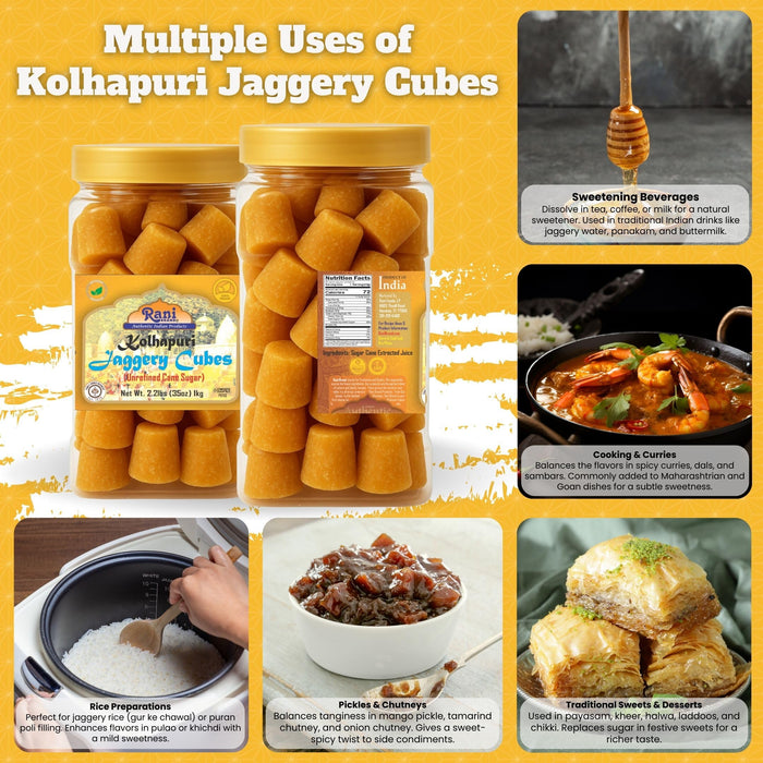 Rani Kolhapuri Jaggery Cubes (Unrefined Cane Sugar) 35oz (2.2bs) 1kg PET Jar ~ All Natural, No Color added, Gluten Friendly | Vegan | NON-GMO | Kosher | No Salt or fillers