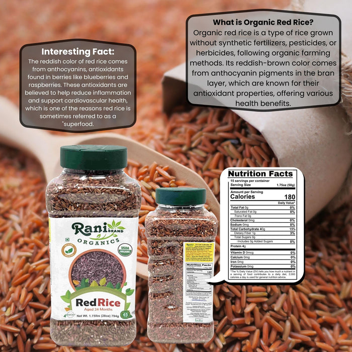 Rani Organic Red Rice Extra Long Aged 28oz (1.75lbs) 800g PET Jar ~ All Natural | Gluten Friendly | Vegan | Indian Origin | Kosher | Export Quality | USDA Certified Organic