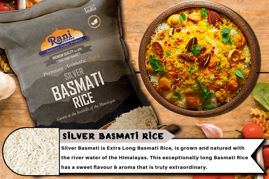 Rani Silver White Basmati Rice Extra Long Aged 40-Pound Bag, 640oz (40lbs) 18.16kg ~ All Natural | Gluten Friendly | Vegan | Indian Origin | Kosher | Export Quality