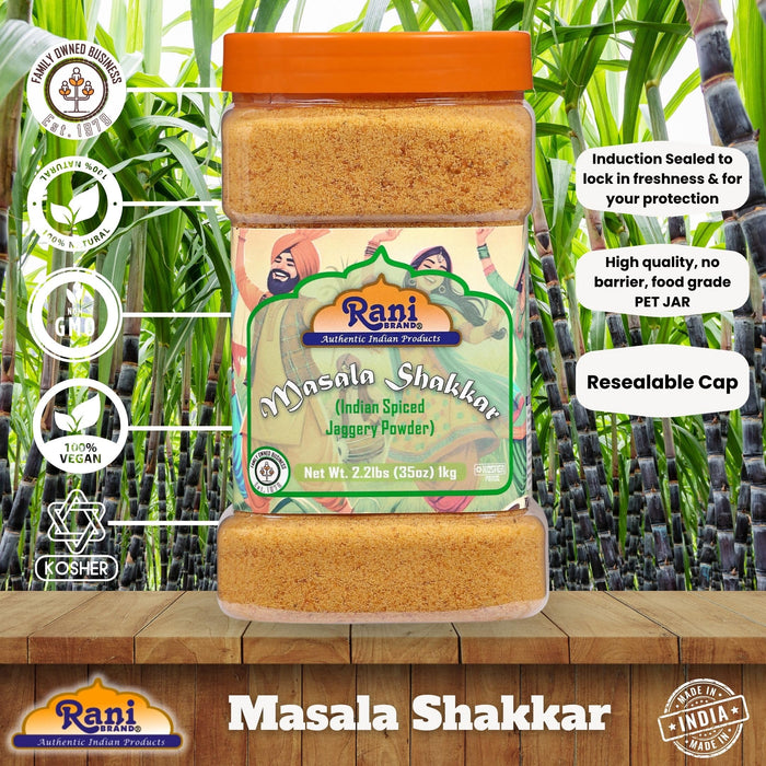 Rani Masala Shakkar (Indian Spiced Jaggery Powder) Unrefined Raw Cane Sugar 35oz (2.2lbs) 1kg PET Jar ~ Gluten Friendly | Vegan | NON-GMO | Kosher | No Salt or fillers | Indian Product