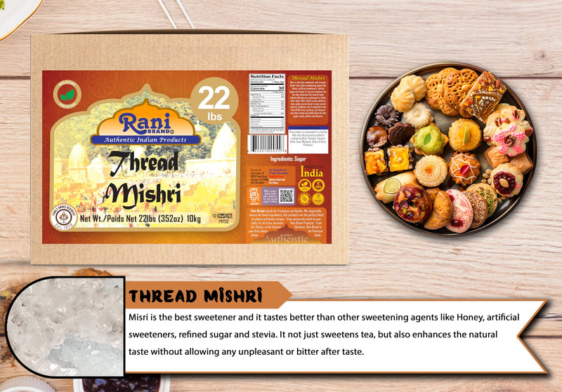 Rani Thread Misri (Rock Sugar / Dhaga Mishri) 352oz (22lbs) 10kg Bulk Box ~ All Natural | Gluten Friendly | No Colors | Vegan | Kosher | Indian Origin