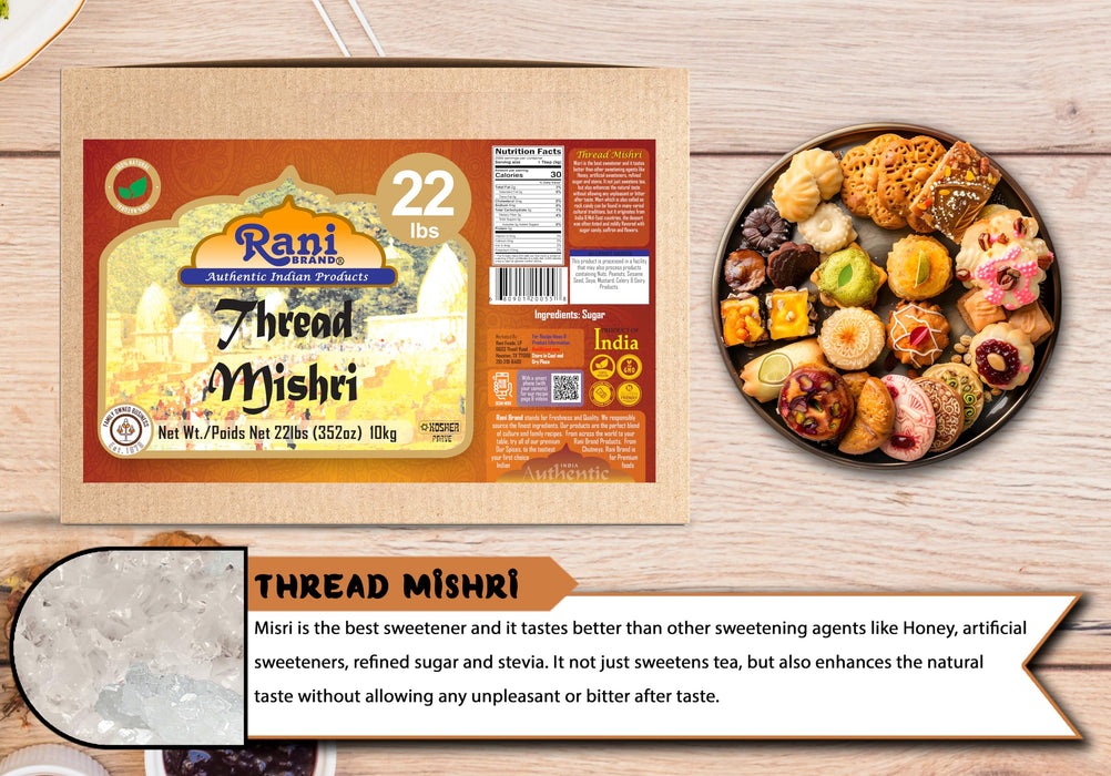 Rani Thread Misri (Rock Sugar / Dhaga Mishri) 352oz (22lbs) 10kg Bulk Box ~ All Natural | Gluten Friendly | No Colors | Vegan | Kosher | Indian Origin