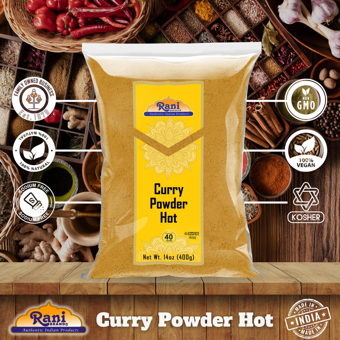 Rani Curry Powder Hot (11-Spice Authentic Indian Blend) 14oz (400g) ~ All Natural | Salt-Free | Vegan | No Colors | Gluten Friendly | NON-GMO | Kosher | Indian Origin