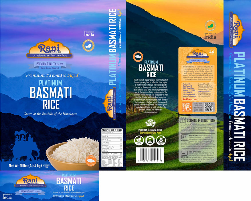 Rani Platinum White Basmati Rice Extra Long Aged 10-Pound Bag, 160oz (10lbs) 4.53kg ~ All Natural | Gluten Friendly | Vegan | Indian Origin | Kosher | Export Quality