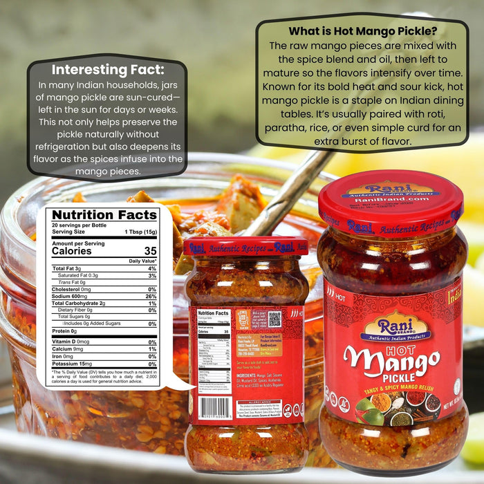 Rani Mango Pickle Hot (Achar, Spicy Indian Relish) 10.5oz ~ Glass Jar, All Natural | Vegan | Gluten Free | NON-GMO | No Colors | Indian Origin