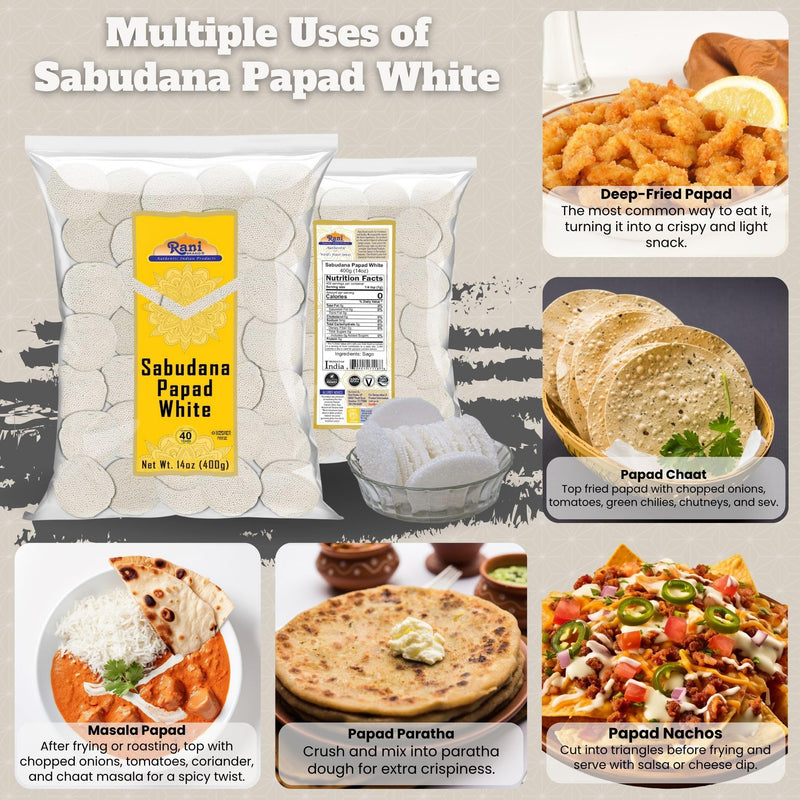 Rani Sabudana (Sago) Papad White 14oz (400g) ~ All Natural, No Preservatives | Vegan | Gluten Friendly | NON-GMO | Kosher | Indian Origin
