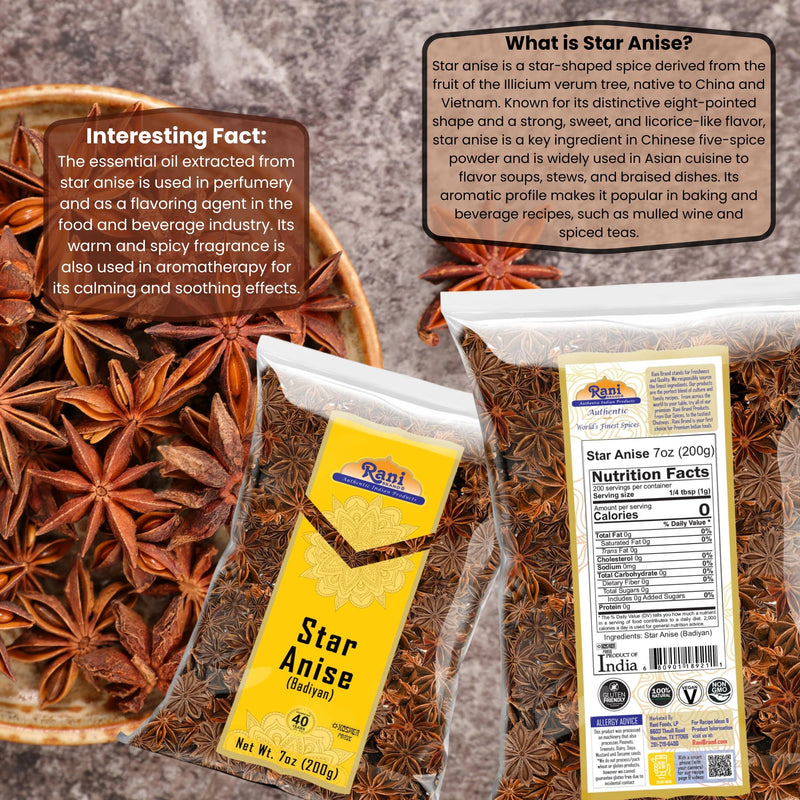 Rani Star Anise Seeds, Whole Pods (Badian Khatai) Spice 7oz (200g) ~ All Natural | Gluten Friendly | Kosher | Vegan | Whole Chinese Anise Star Sun Dried Spice, Anis Estrella / Illicium Verum, Widely Used for Baking, Drinks, Cooking, and Tea