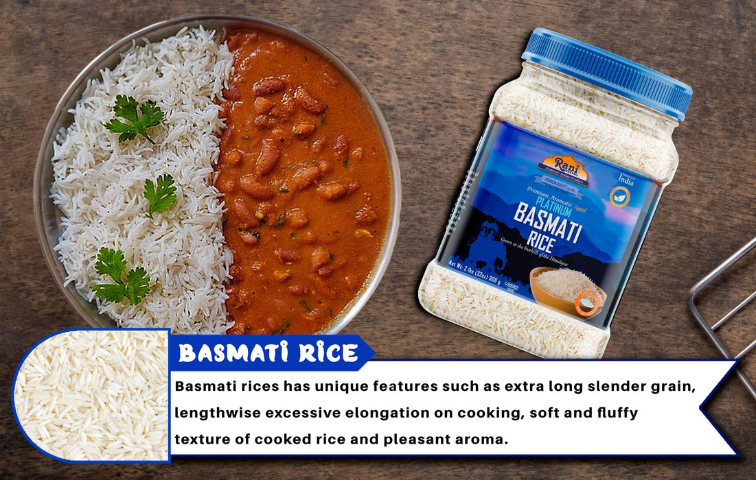 Rani Platinum White Basmati Rice Extra Long Aged 32oz (2lbs) 908g PET Jar ~ All Natural | Gluten Friendly | Vegan | Indian Origin | Kosher | Export Quality