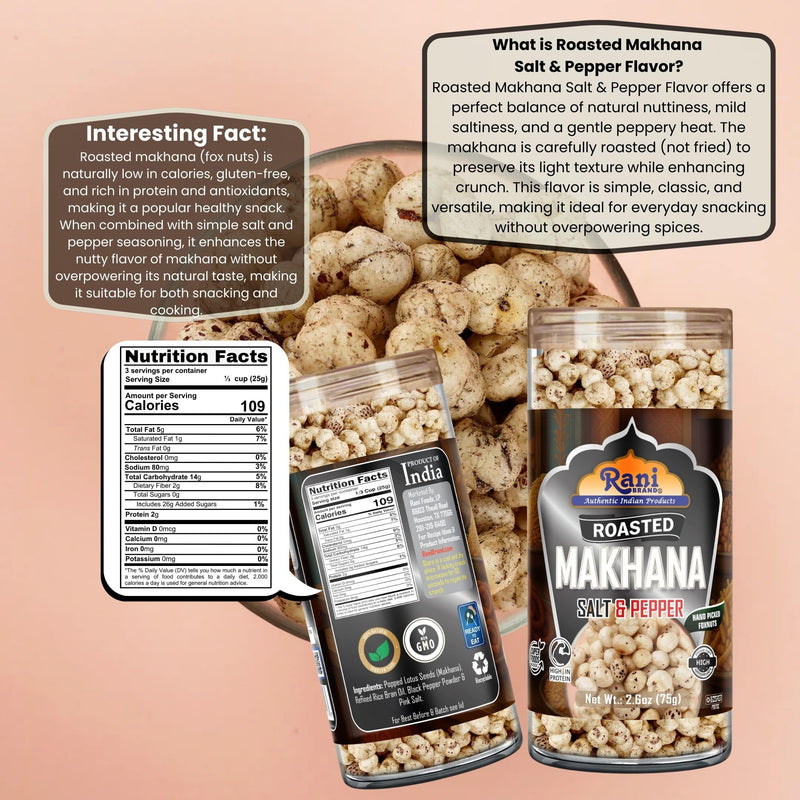 Rani Roasted Makhana (Fox Nut/Popped Lotus Seed) Salt & Pepper Flavor 2.6oz (75g) Ready to eat, Hand Picked Foxnuts ~ All Natural | Vegan | Gluten Friendly | NON-GMO | Kosher | Indian Origin